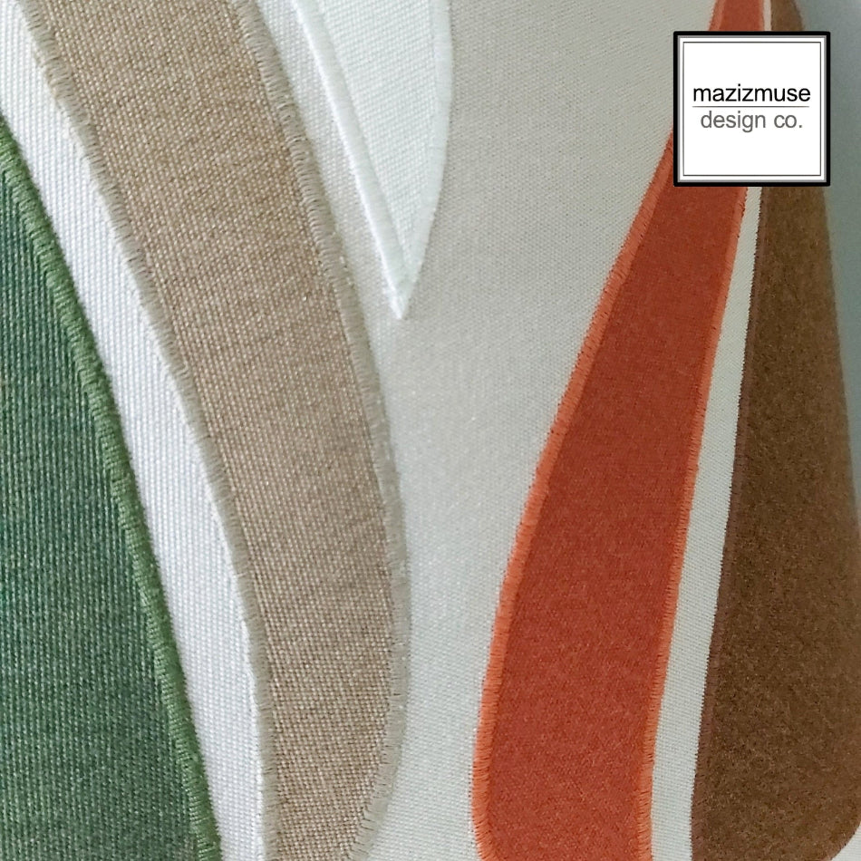 close up of stitch details on abstract sunbrella outdoo pillow