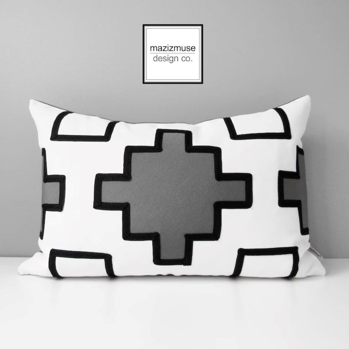 Black & White Outdoor Sunbrella® Pillow Cover with Grey Accent, Geometric Cushions