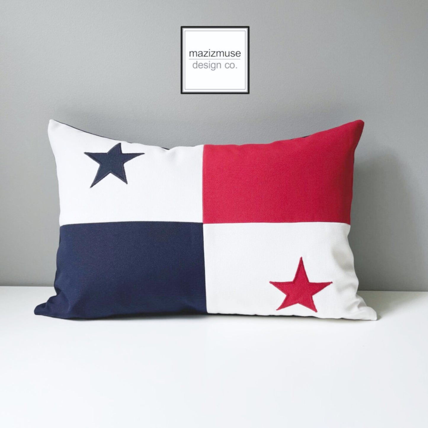 red white and navy blue panama flag pillow in sunbrella fabric for fade and stain resistance