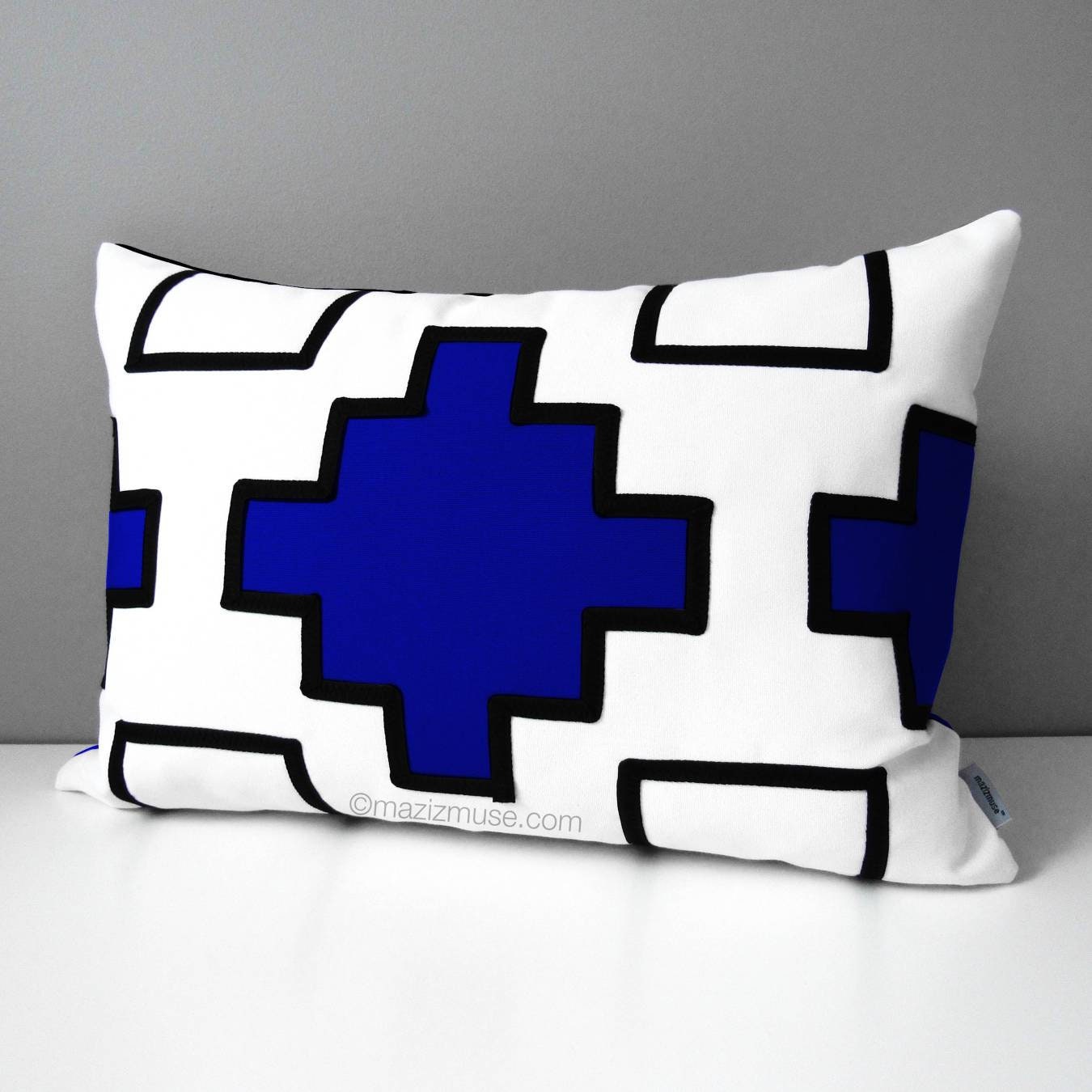 Decorative Black & True Blue Outdoor Sunbrella® Pillow Cover, Geometric Cushion Cover