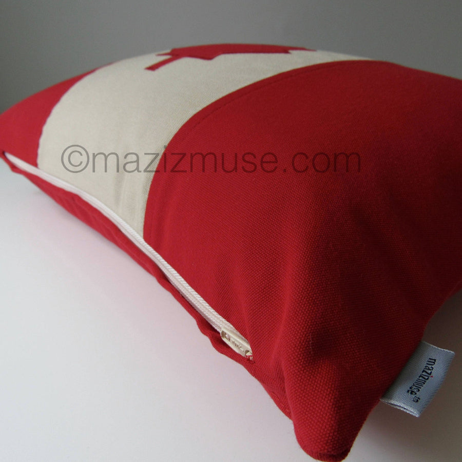 canada flag pillow in red and antique beige sunbrella fabric for superior fade and stain resistance