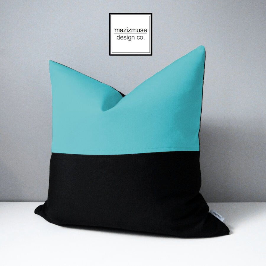Modern Black & Royal Blue Outdoor Pillow Cover, Decorative Color Block Pillow Cover, Black and True Blue Sunbrella Cushion Cover, Mazizmuse