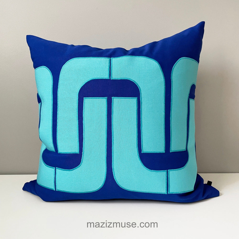 Royal Blue & Turquoise Sunbrella Pillow Cover with geometric Mid Century Modern design
