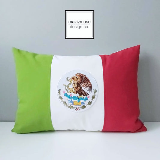 mexican flag pillow crafted with sunbrella outdoor fabric for fade and stain resistance