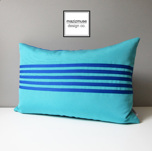Aruba Blue Sunbrella Cushion Cover with Cobalt Stripes, Decorative Outdoor Pillow Cover