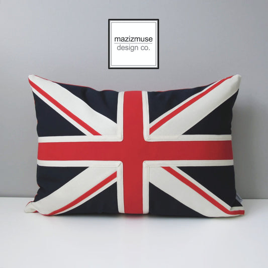 uk flag pillow sewn in red cream and navy blue sunbrella fabric for superior fade and stain resistance, featuring trim applique