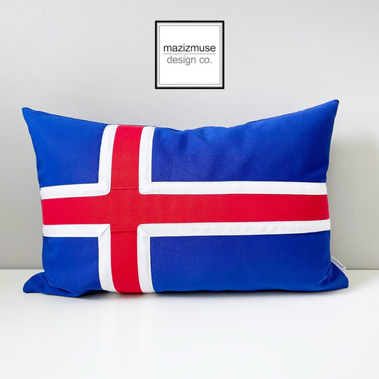 flag of iceland pillow in sunbrella fabric for outdoor and active indoor spaces.