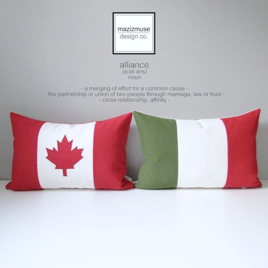 decorative canadian flag outdoor pillow paired with the italian flag pillow. Alliance design crafted in sunbrella fabric by mazizmuse