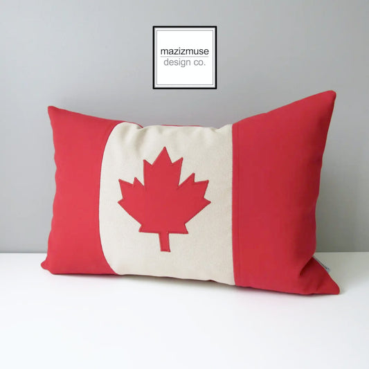 red and beige canada flag pillow sewn in sunbrella outoor fabric. canadian flag cushion by mazizmuse