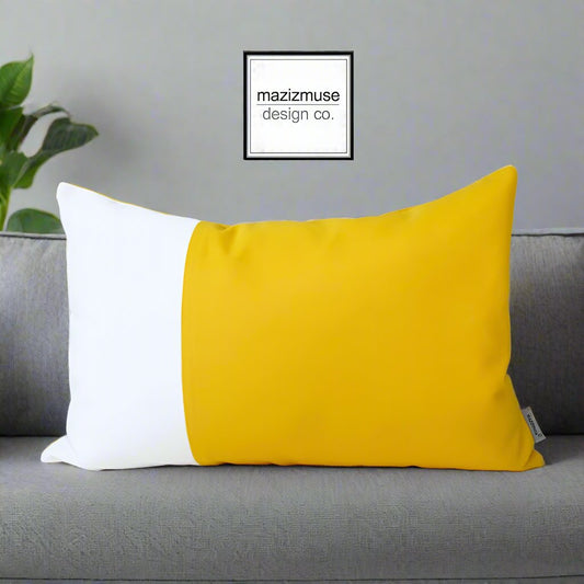 sunflower yellow and white sunbrella outdoor pillow with colorblock design
