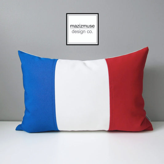 blue white red france flag outdoor pillow. French flag sunbrella pillow