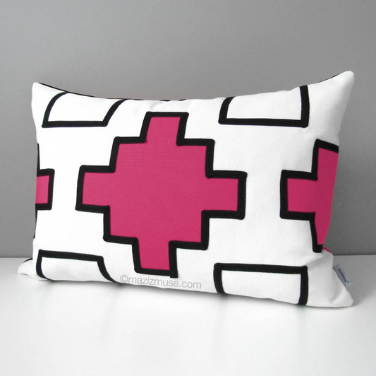 Decorative Black & Hot Pink Sunbrella Cushion Cover, Modern Geometric Outdoor Cushion Cover