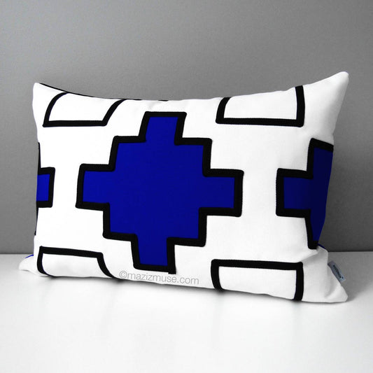Decorative Black & True Blue Sunbrella Pillow Cover, Modern Geometric Outdoor Cushion Cover