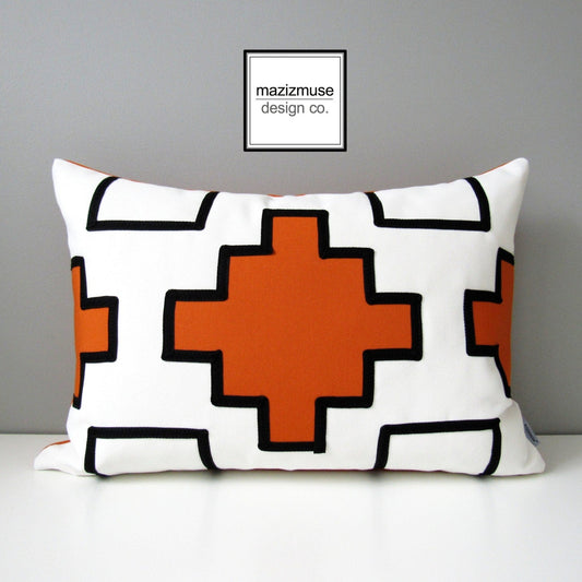 Decorative Black & Orange Outdoor Pillow Cover, Modern Geometric Sunbrella Cushion Cover
