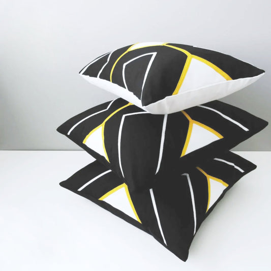 Modern Black & White Sunbrella Outdoor Pillow Cover with Yellow Geometric Trim
