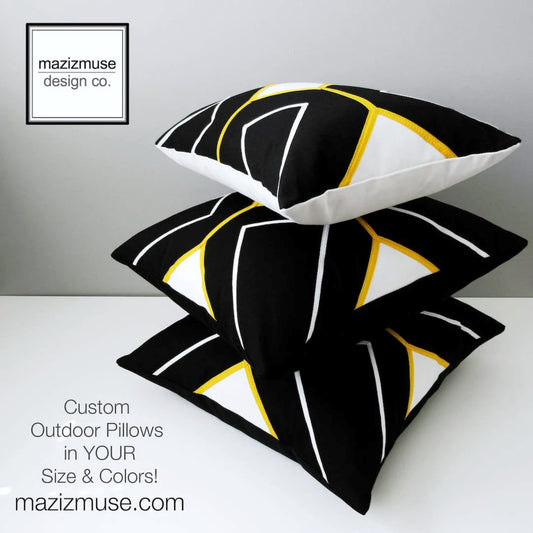 Black & White Sunbrella Cushion With Yellow Geometric Trim