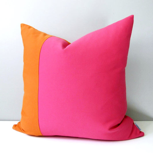 Modern Hot Pink & Orange Sunbrella® Outdoor Pillow Cover, Color Block Cushions