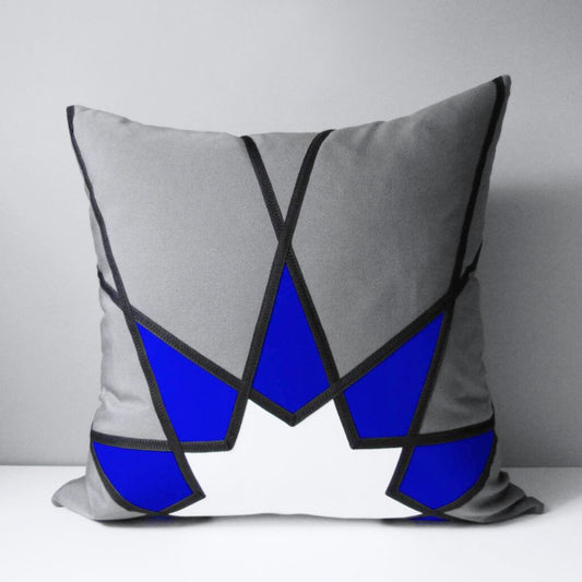 Modern Grey & True Blue Sunbrella Outdoor Pillow Cover, Geometric Cushions
