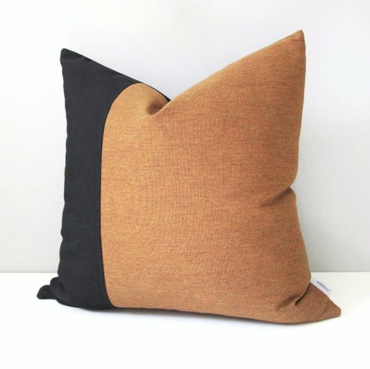 Modern Black & Teak Sunbrella® Outdoor Pillow Cover, Colorblock Cushion Cover