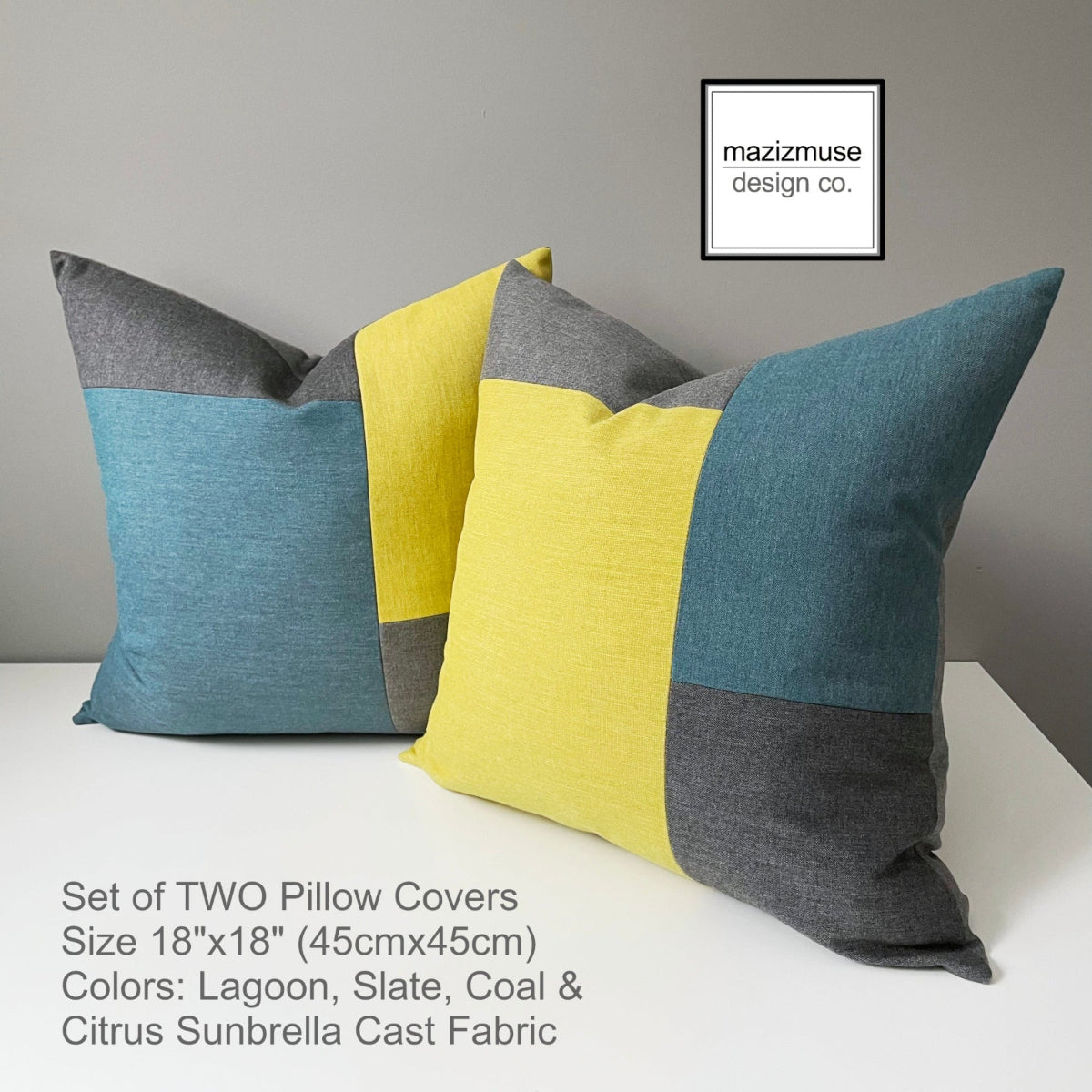 lagoon teal and acid yellow color block outdoor pillows in sunbrella fabric for ease of care - ideal for patio or indoor living rooms! Gorgeous linen look and feel