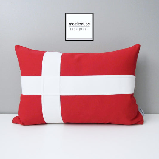 decorative red white danish flag pillow in sunbrella outdoor fabrics. Denmark flag cushion by mazizmuse