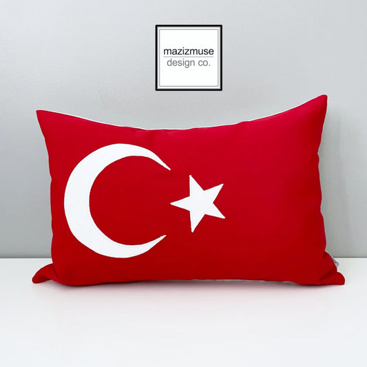 turkish flag pillow with crescent and star crafted in sunbrella outdoor fabric for superior fade and stain resistance