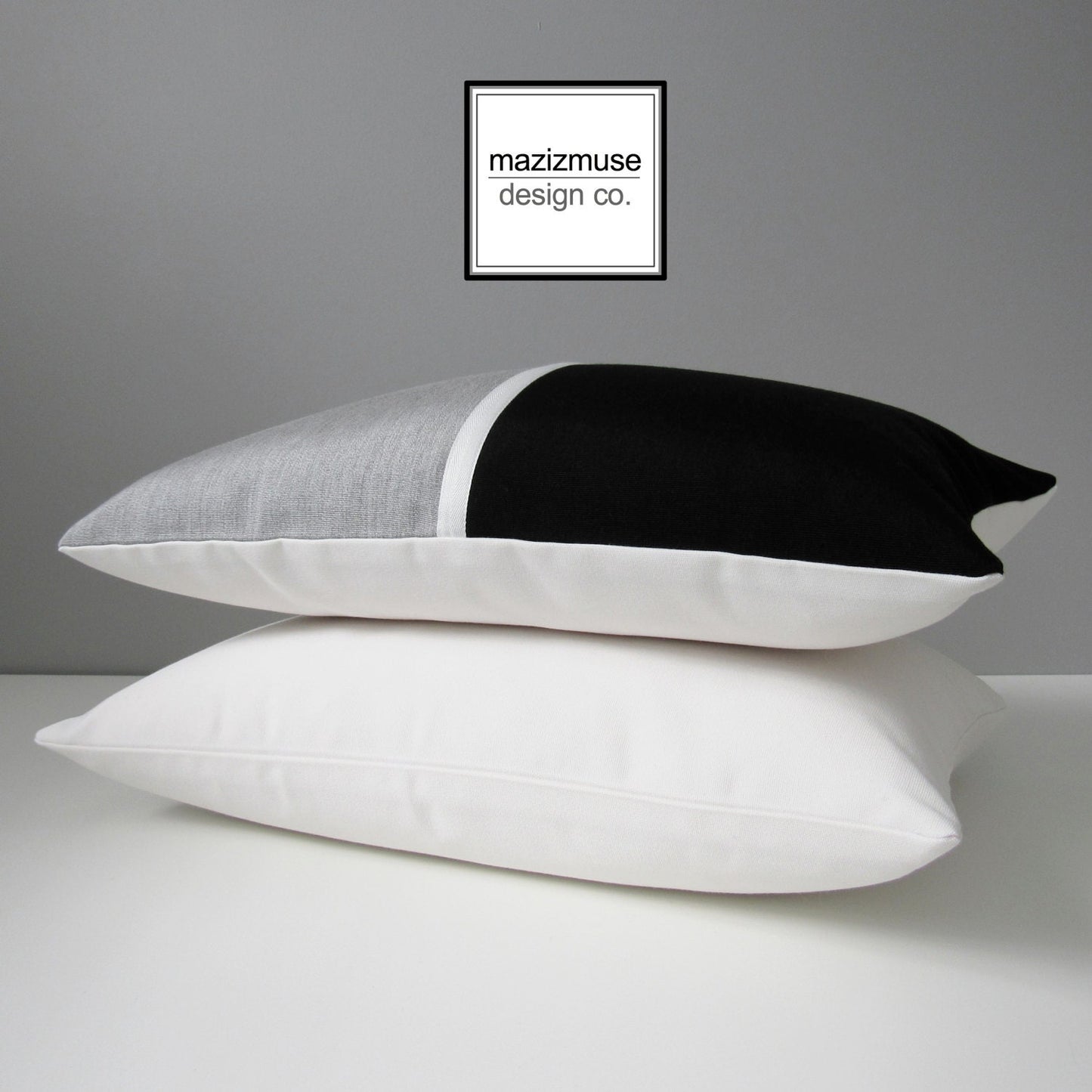 Modern Black & Granite Grey Outdoor Sunbrella Pillow Cover, Color Block Cushion