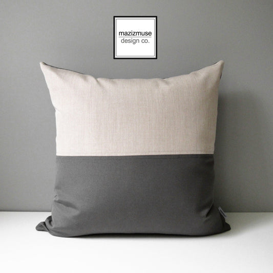 Decorative Flax & Grey Outdoor Sunbrella Pillow Cover, Modern Color Block Pillow Cover