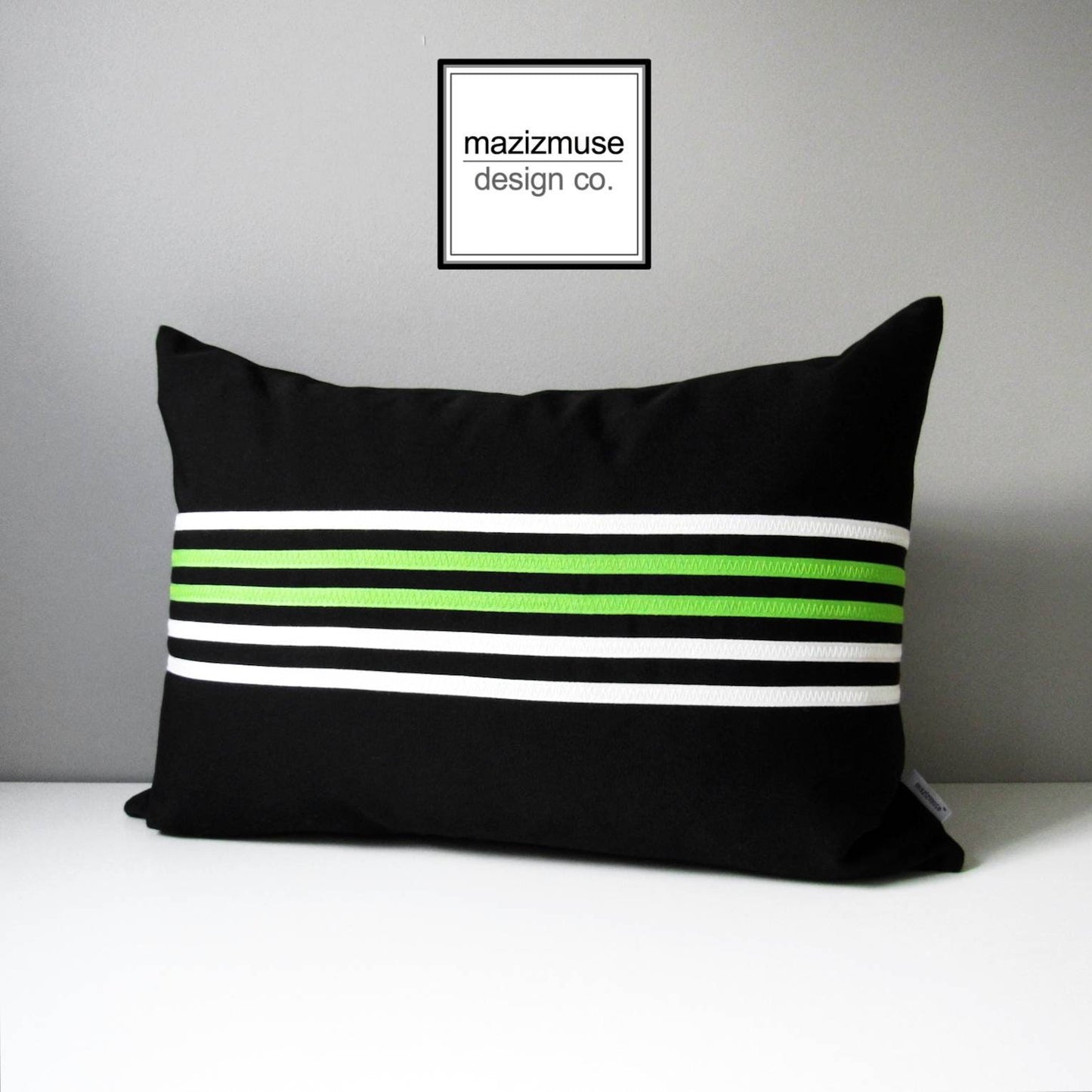 Decorative Black & Lime Green Cushion Cover, Modern Striped Sunbrella Pillow Cover