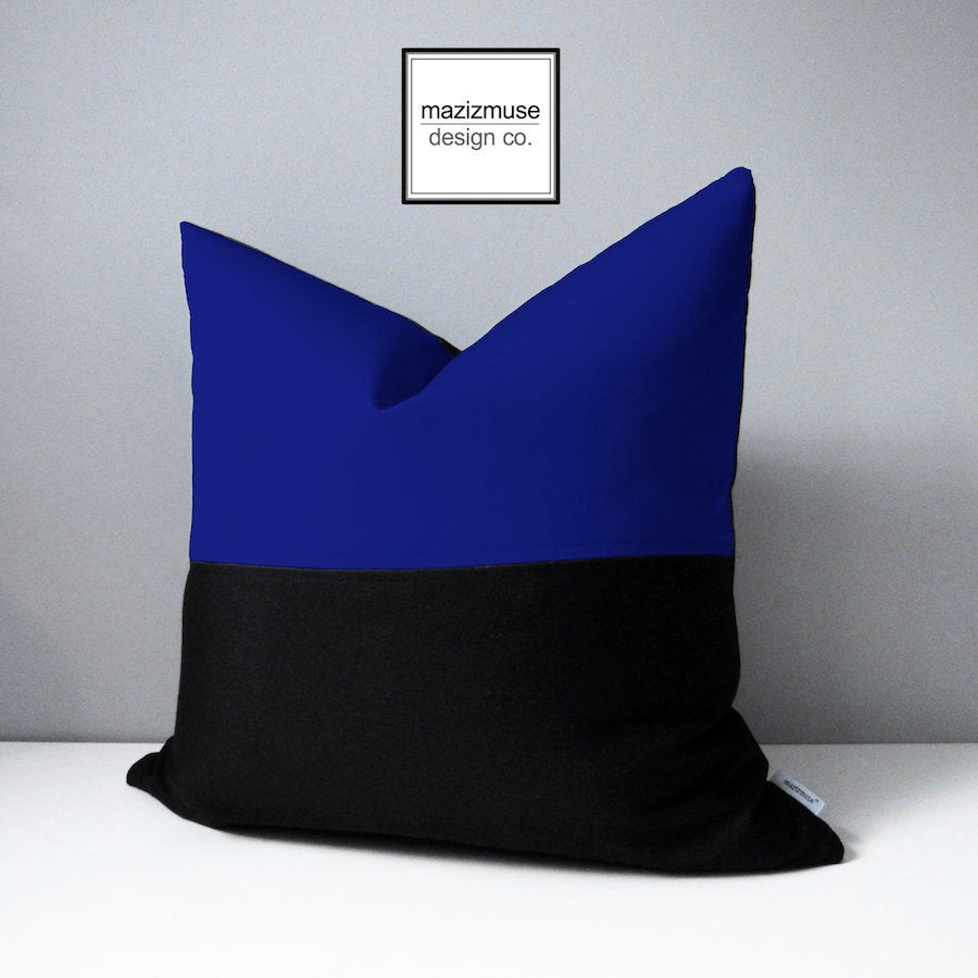 Modern Black & Royal Blue Outdoor Pillow Cover, Decorative Color Block Pillow Cover, Black and True Blue Sunbrella Cushion Cover, Mazizmuse