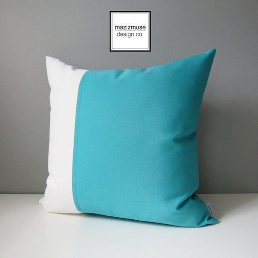 aruba blue and white color block sunbrella pillow 