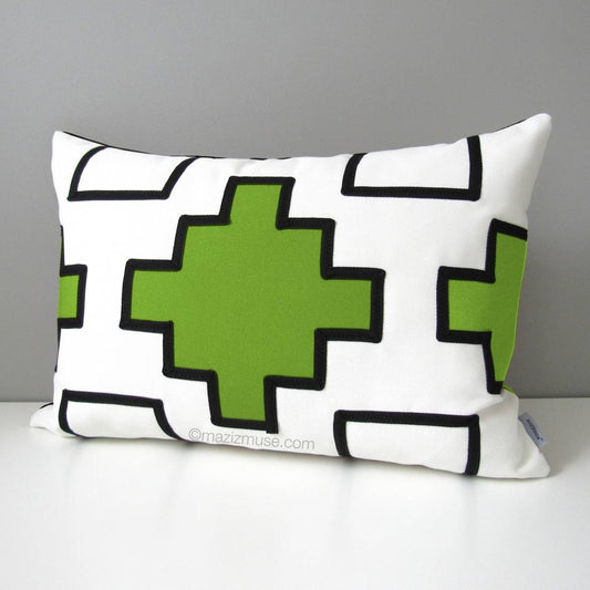 Decorative Black & Lime Green Outdoor Pillow Cover, Modern Geometric Sunbrella Cushion Cover