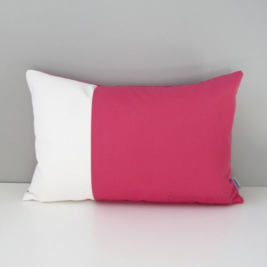 bublegum pink and white sunbrella outdoor pillow color block