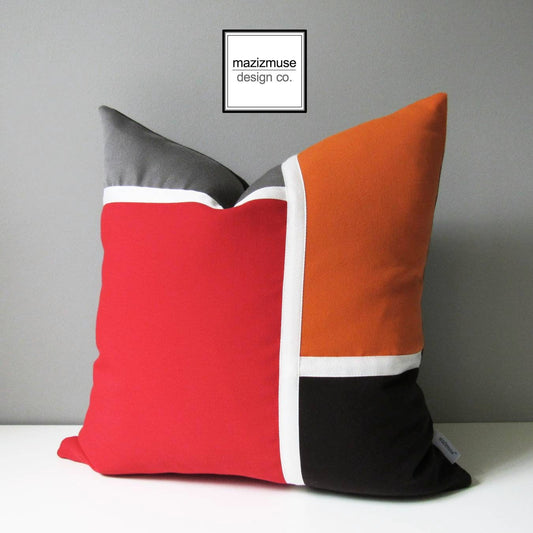 Mid Century Modern Outdoor Pillow Cover, Red Orange Sunbrella Cushion